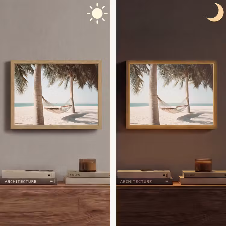 Hangmat - Palmbomen - Strand - Zee Light Box met batterij (Wandlamp) middel -sfeer3