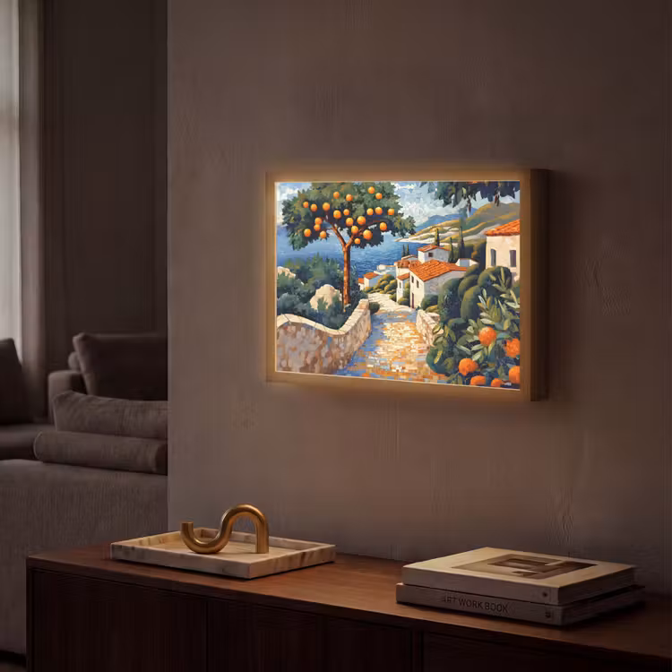 Huizen - Mozaïek - Sinaasappelbomen - Zee Light Box met batterij (Wandlamp) middel -sfeer1