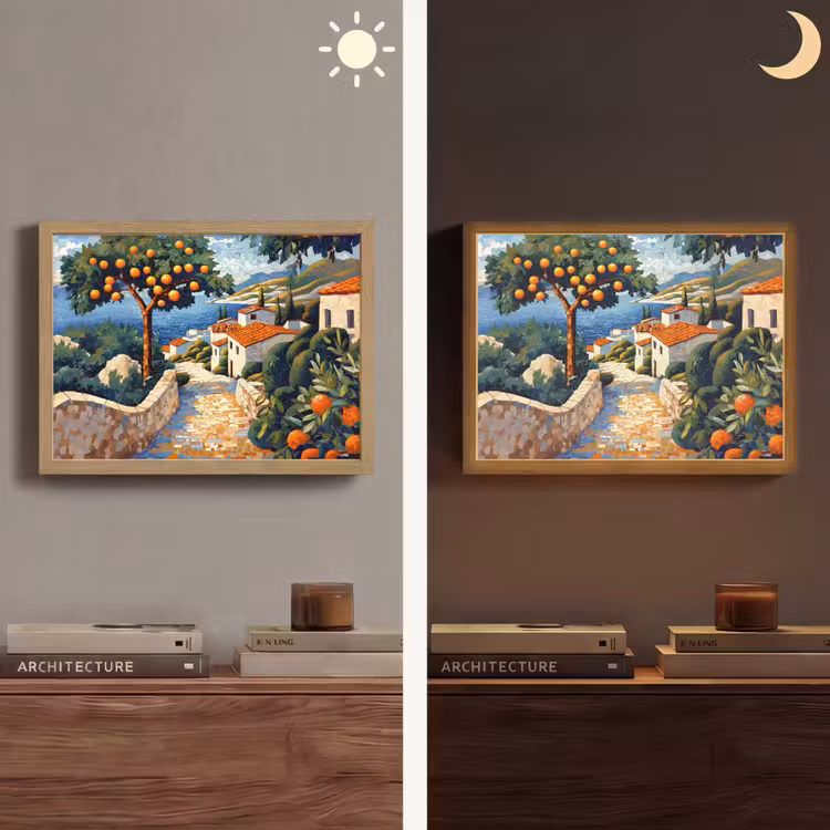Huizen - Mozaïek - Sinaasappelbomen - Zee Light Box met batterij (Wandlamp) middel -sfeer3
