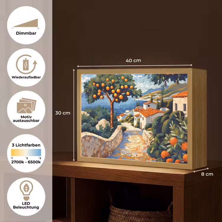 Huizen - Mozaïek - Sinaasappelbomen - Zee Light Box met batterij (Wandlamp) middel -USP_websiteoverzichtDE