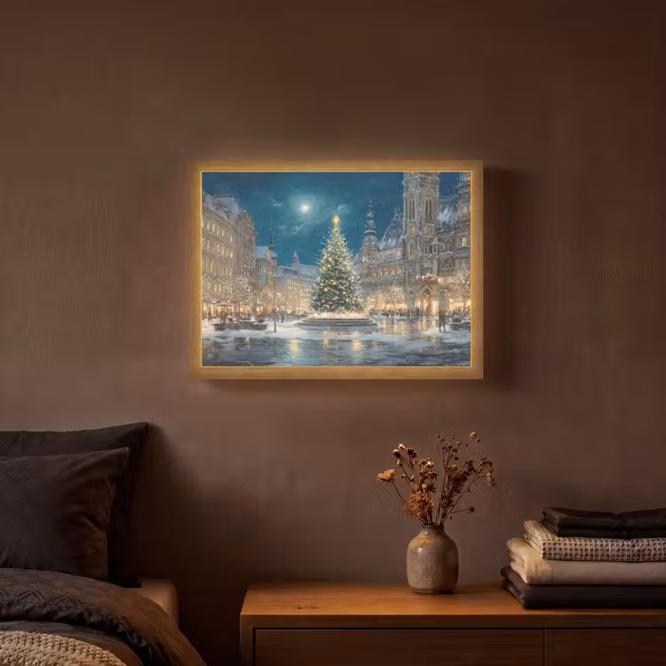 Kerstnacht - Stadsplein - Meerkleurig Light Box met batterij (Wandlamp) middel -sfeer4