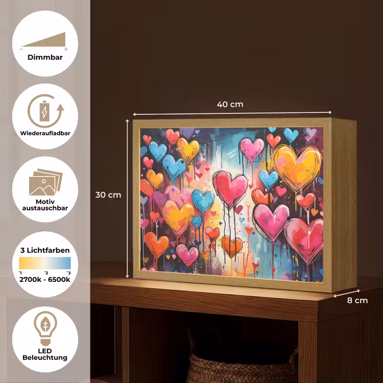 Hartjes - Kleuren - Kunst - Liefde Light Box met batterij (Wandlamp) middel -USP_websiteoverzichtDE