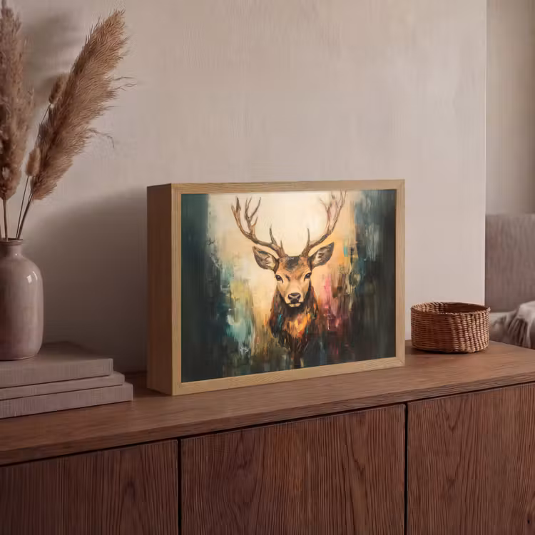 Hert - Geverfd - Gewei - Bruin Light Box met batterij (Wandlamp) middel -sfeer2