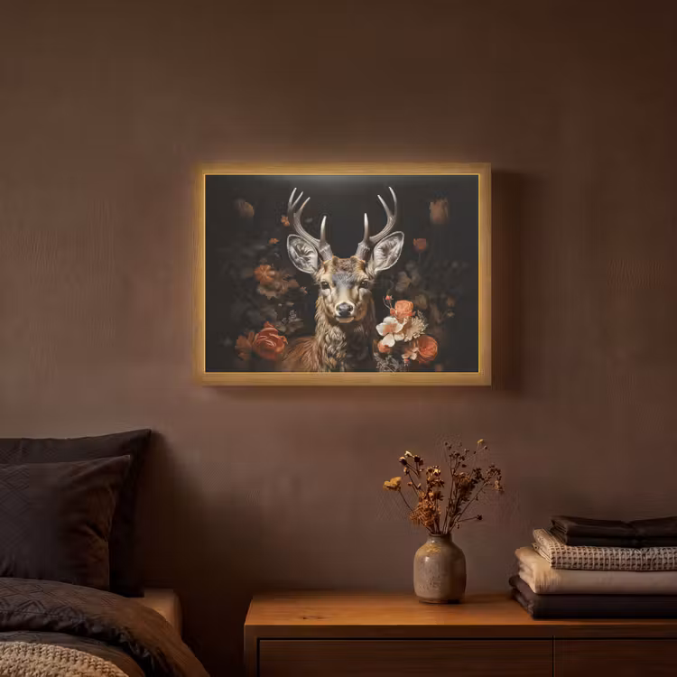 Hert - Dier - Bloemen - Natuur - Botanisch Light Box met batterij (Wandlamp) middel -sfeer4