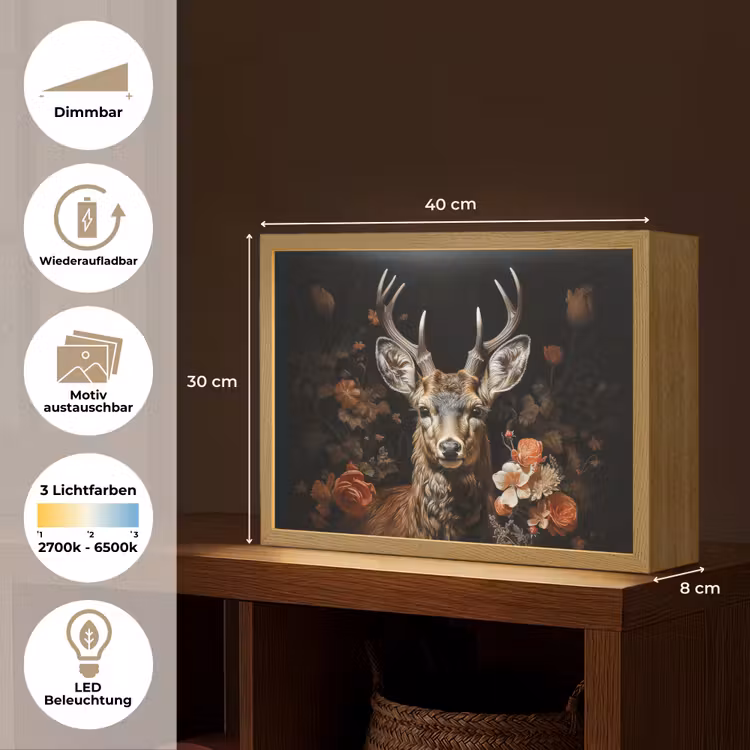 Hert - Dier - Bloemen - Natuur - Botanisch Light Box met batterij (Wandlamp) middel -USP_websiteoverzichtDE