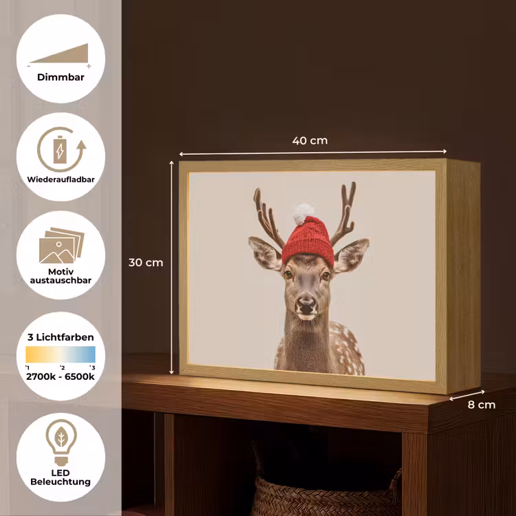 Hert - Kerst - Muts - Dieren - Winter - Grappig Light Box met batterij (Wandlamp) middel -USP_websiteoverzichtDE