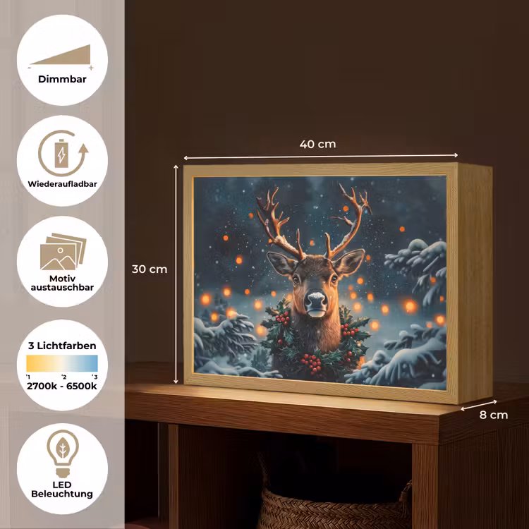 Hert - Kerst - Winter - Sneeuw - Kerstkrans Light Box met batterij (Wandlamp) middel -USP_websiteoverzichtDE