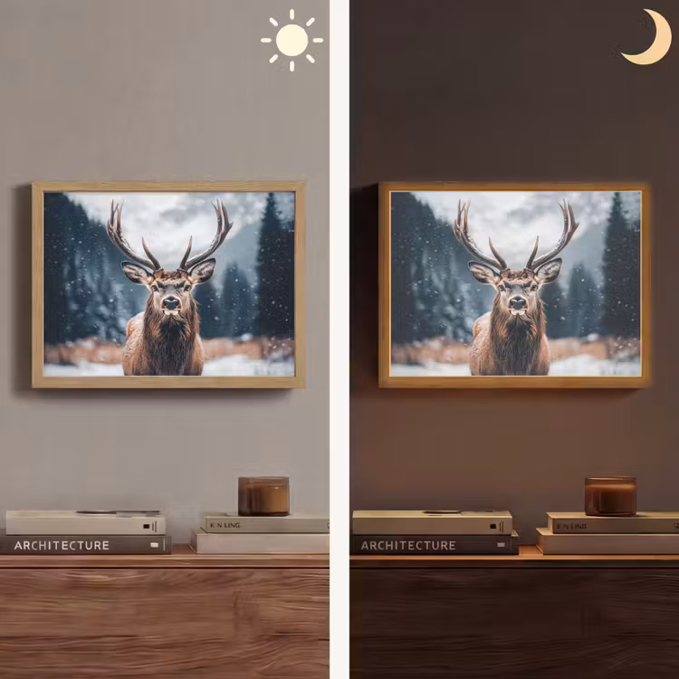 Hert - Dieren - Landschap - Winter - Sneeuw Light Box met batterij (Wandlamp) middel -sfeer3