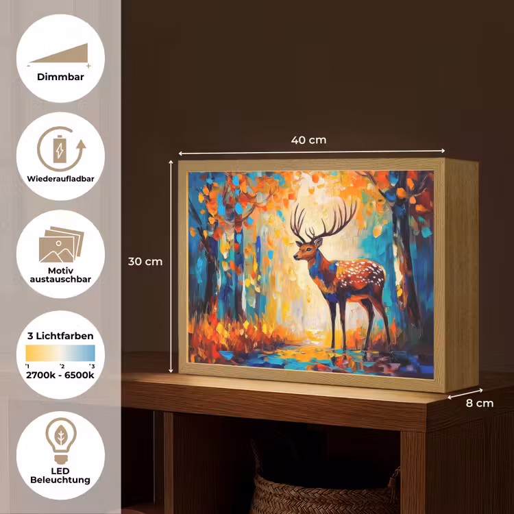Hert - Bosdieren - Natuur - Kunst Light Box met batterij (Wandlamp) middel -USP_websiteoverzichtDE
