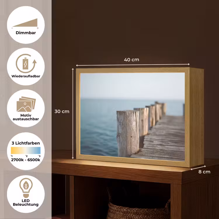 Houten steiger - Helderblauwe lucht Light Box met batterij (Wandlamp) middel -USP_websiteoverzichtDE