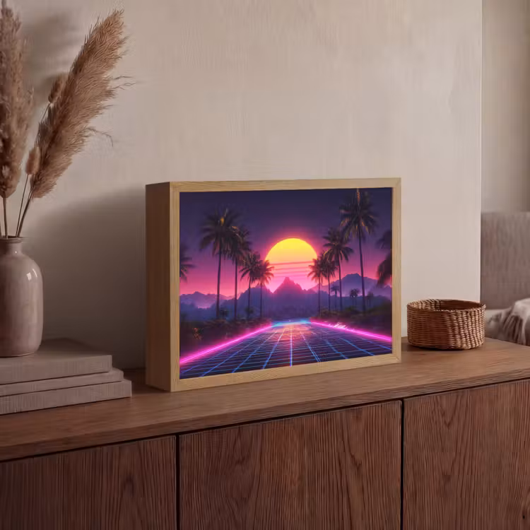 Horizon - Palmbomen - Bergen - Geel Light Box met batterij (Wandlamp) middel -sfeer2