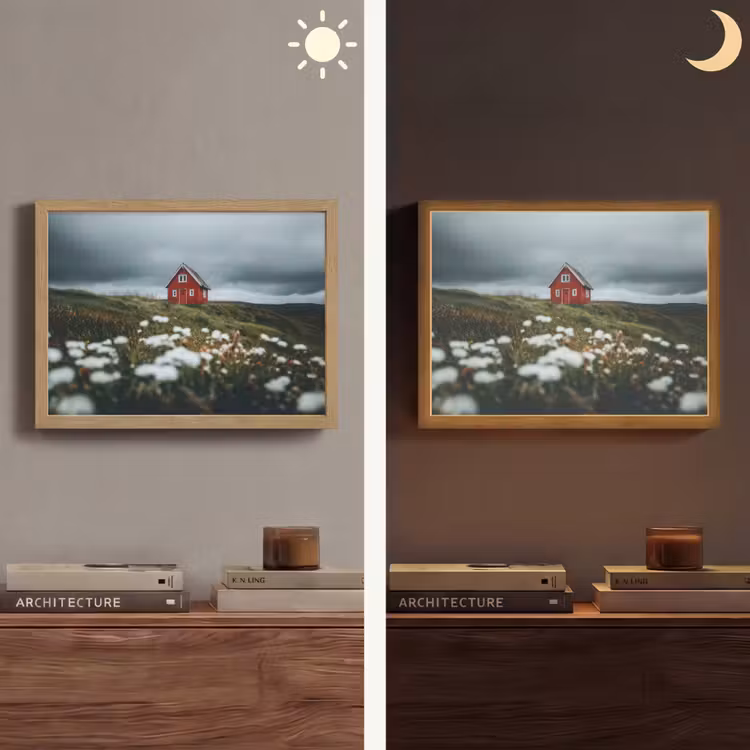 Heuvel - Huisje - Bloemen - Wit Light Box met batterij (Wandlamp) middel -sfeer3
