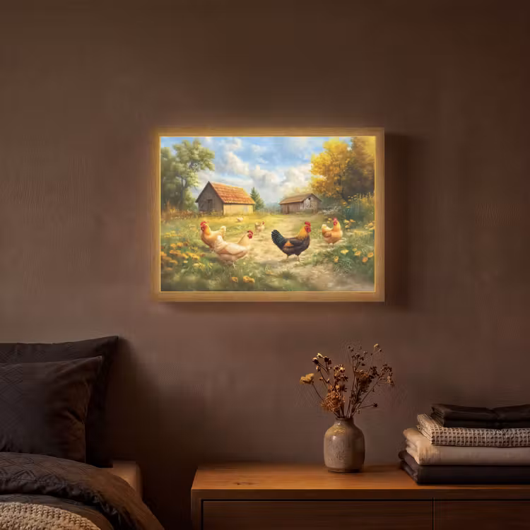 Kippen - Landelijke rust - Natuur Light Box met batterij (Wandlamp) middel -sfeer4