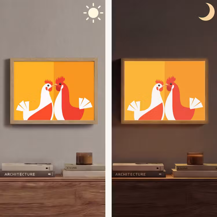 Kippen - Oranje - Vlakken Light Box met batterij (Wandlamp) middel -sfeer3
