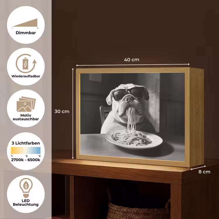 Hond - Bulldog - Pasta - Bril - Stoer - Dieren Light Box met batterij (Wandlamp) middel -USP_websiteoverzichtDE