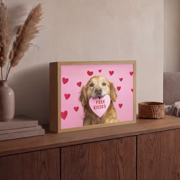 Hond - Kiss- Valentijn - Hartjes Light Box met batterij (Wandlamp) middel -sfeer2