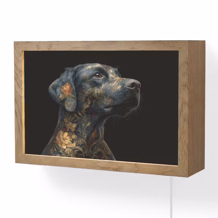Hond - Zwart - Bloemen Light Box met kabel (Wandlamp) klein -3d