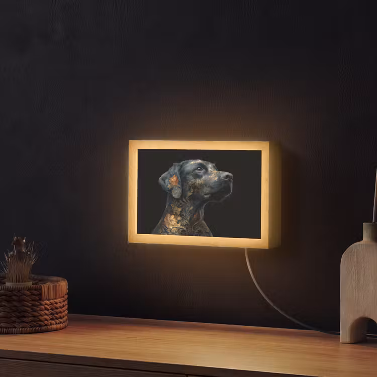 Hond - Zwart - Bloemen Light Box met kabel (Wandlamp) klein -sfeer1