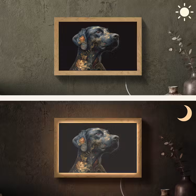 Hond - Zwart - Bloemen Light Box met kabel (Wandlamp) klein -sfeer3