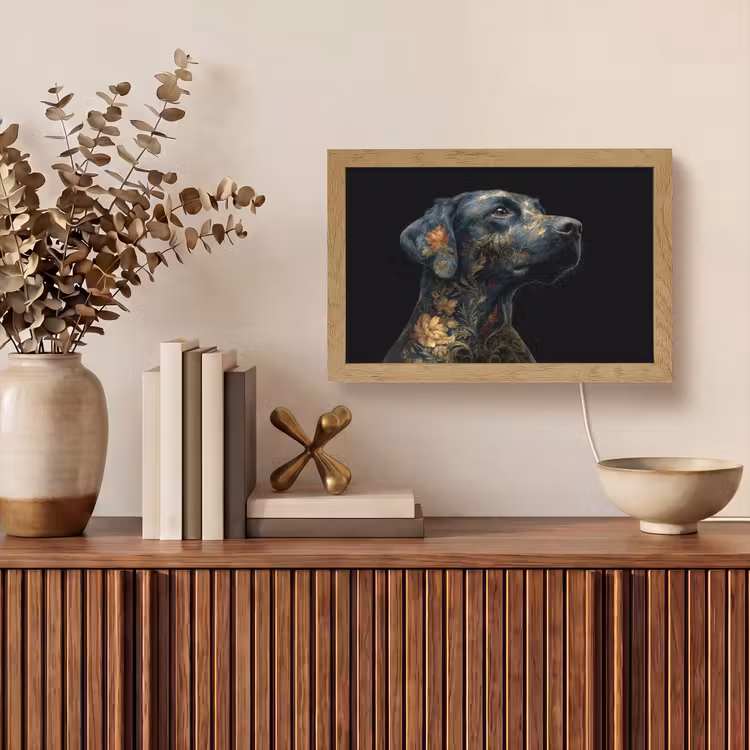 Hond - Zwart - Bloemen Light Box met kabel (Wandlamp) klein -sfeer2