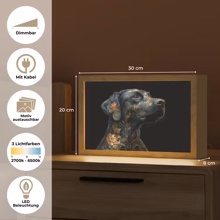 Hond - Zwart - Bloemen Light Box met kabel (Wandlamp) klein -USP_websiteoverzichtDE