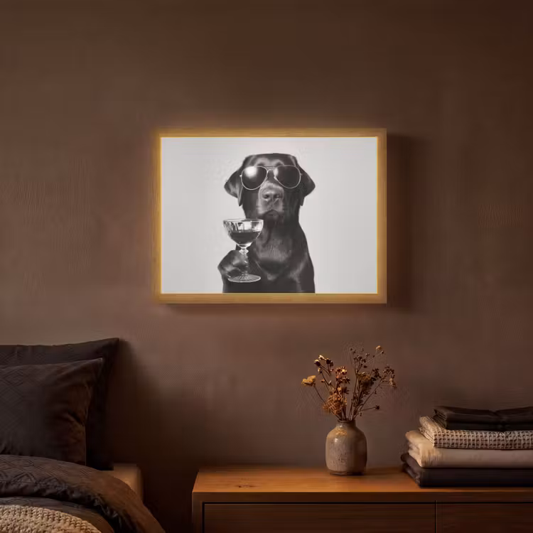 Hond - Zwart - Wijnglas - Zonnebril Light Box met batterij (Wandlamp) middel -sfeer4