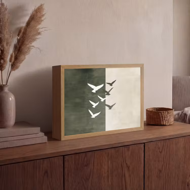 Japandi - Vogel - Groen Light Box met batterij (Wandlamp) middel -sfeer2