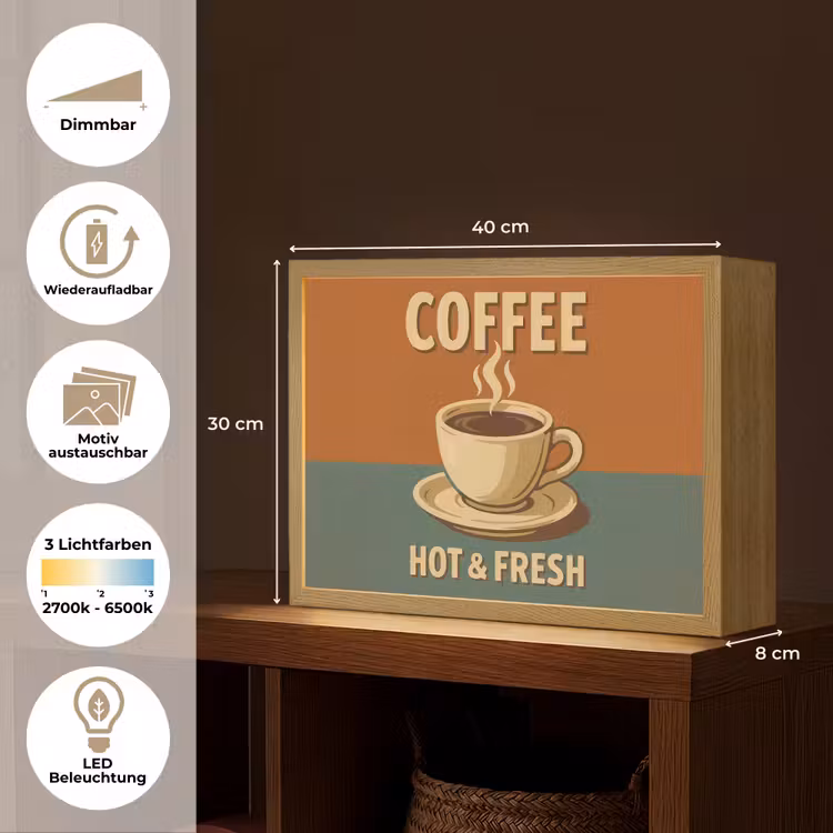 Koffie - Kop - Vintage - Quote Light Box met batterij (Wandlamp) middel -USP_websiteoverzichtDE