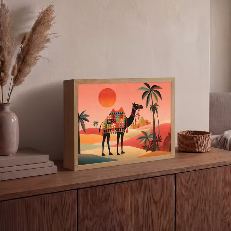 Kameel - Gekleurd tapijt - Duinen - Rode zon Light Box met batterij (Wandlamp) middel -sfeer2
