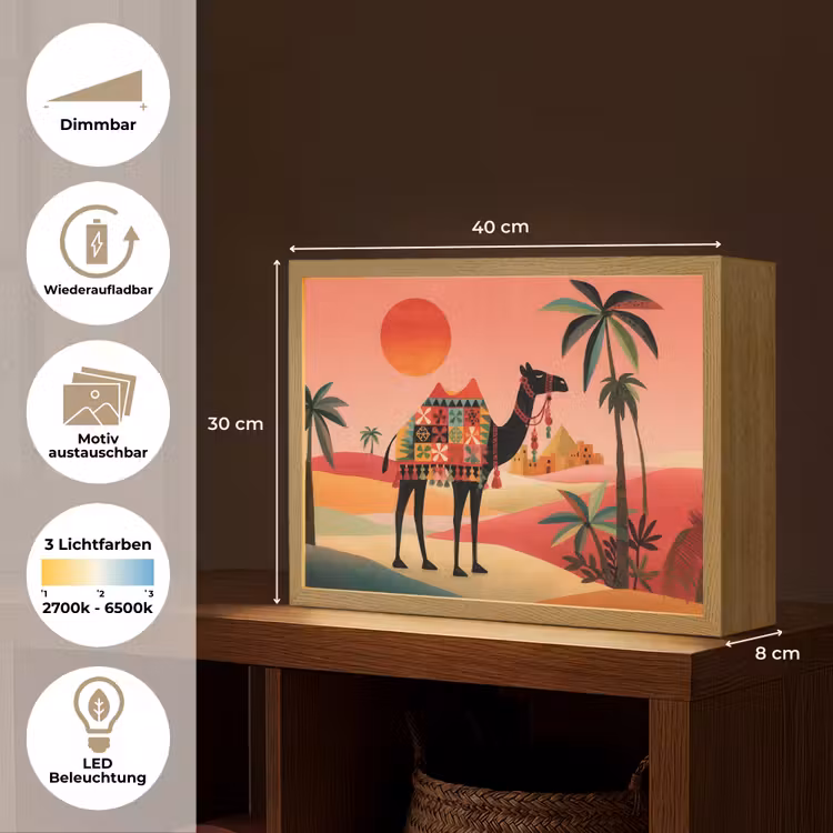 Kameel - Gekleurd tapijt - Duinen - Rode zon Light Box met batterij (Wandlamp) middel -USP_websiteoverzichtDE
