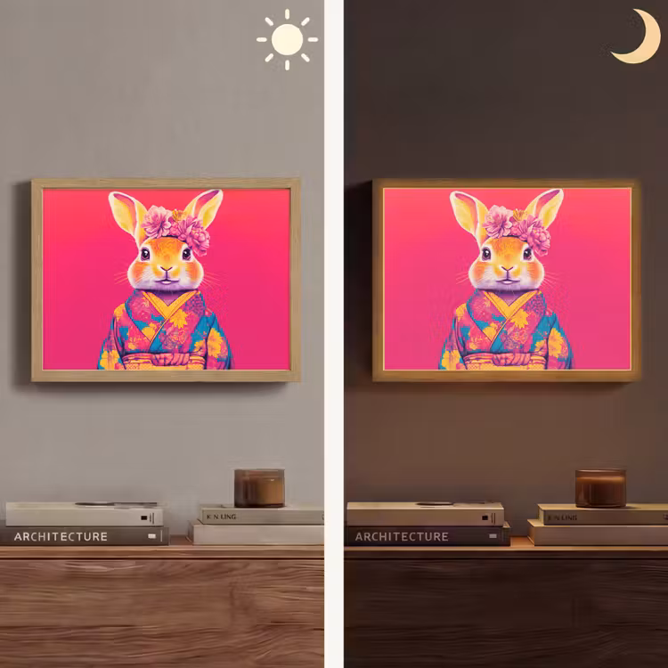 Konijn - Bloemen - Kleurrijk - Kimono Light Box met batterij (Wandlamp) middel -sfeer3
