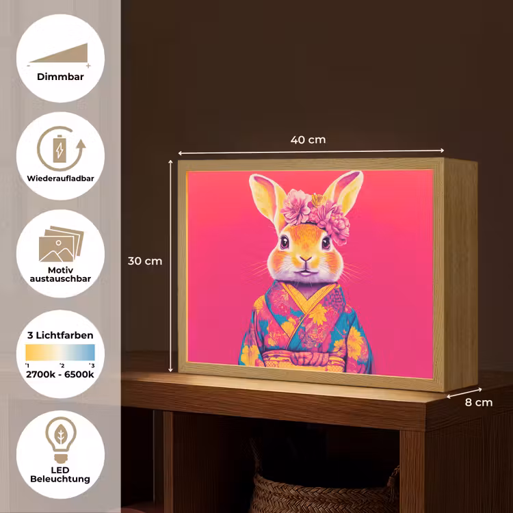 Konijn - Bloemen - Kleurrijk - Kimono Light Box met batterij (Wandlamp) middel -USP_websiteoverzichtDE