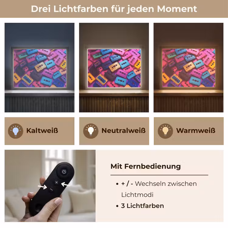 Cassetteband - Kleurrijk - Energiek Light Box met batterij (Wandlamp) middel -USP_lichtkleurDE