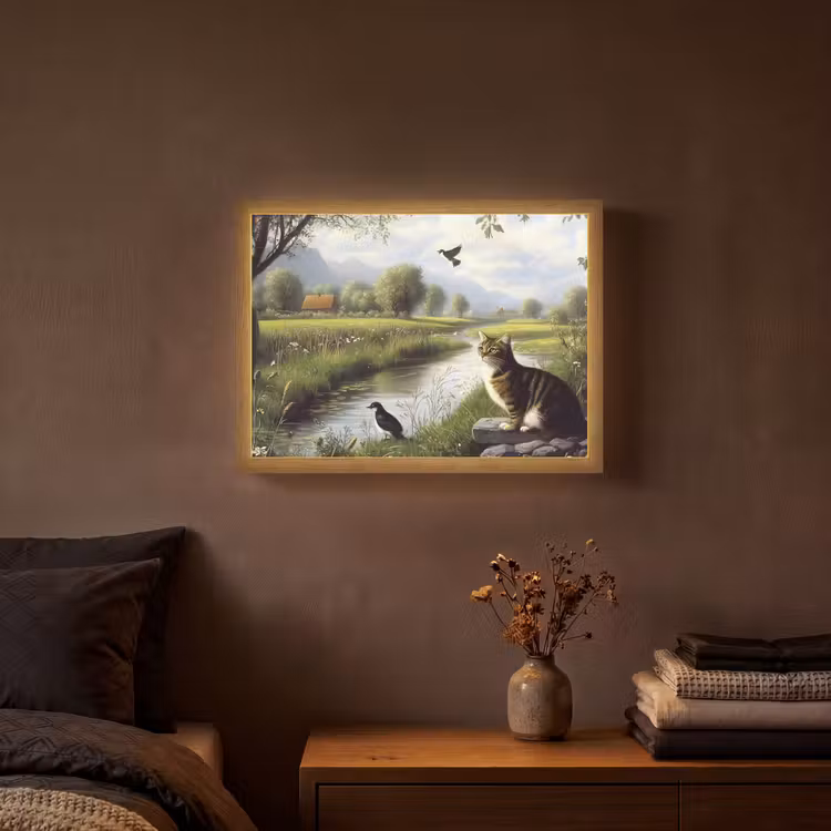 Kat - Beekje - Weide Light Box met batterij (Wandlamp) middel -sfeer4