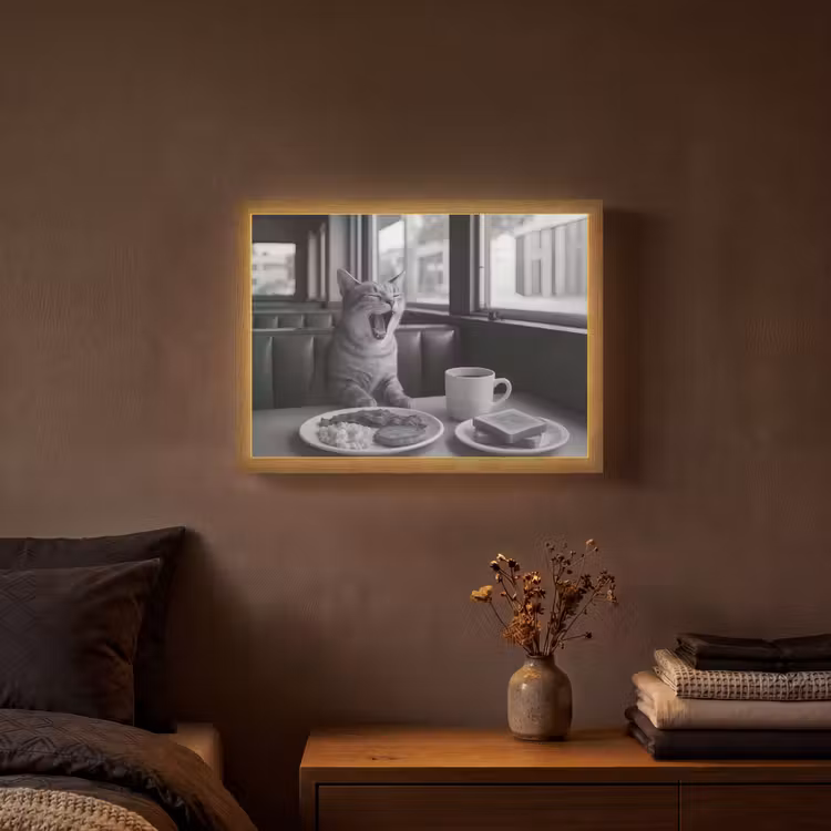 Kat - Koffie - Brood - Zwart Light Box met batterij (Wandlamp) middel -sfeer4