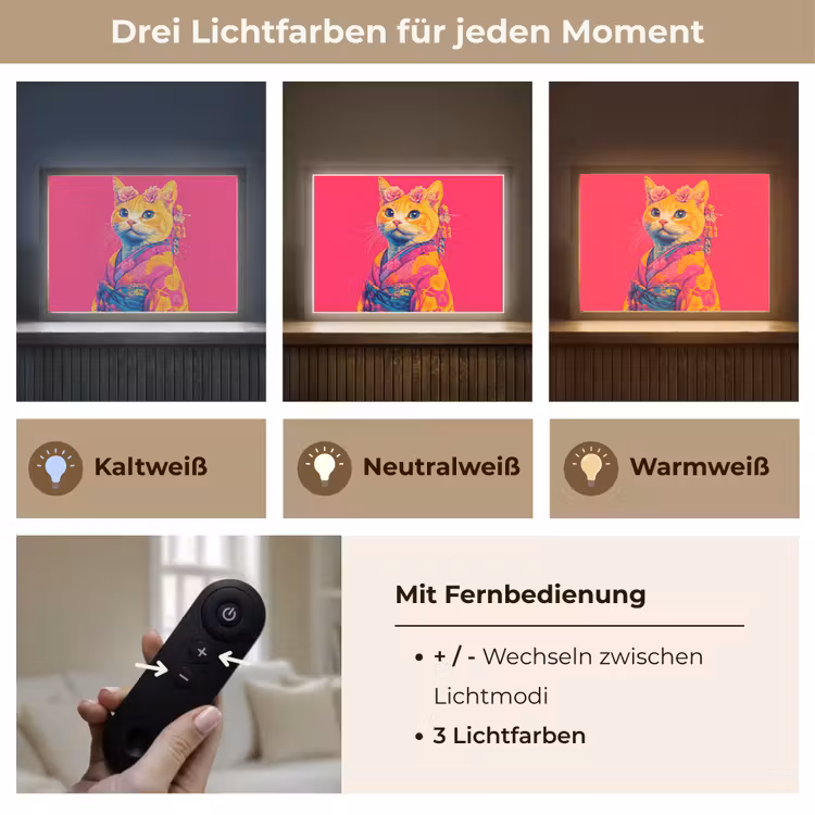 Kat - Kimono - Bloemen - Roze Light Box met batterij (Wandlamp) middel -USP_lichtkleurDE