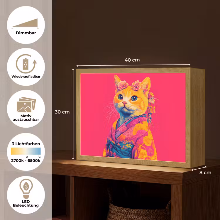 Kat - Kimono - Bloemen - Roze Light Box met batterij (Wandlamp) middel -USP_websiteoverzichtDE