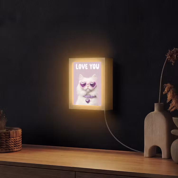 Kat - Love - Paars - Valentijn Light Box met kabel (Wandlamp) klein -sfeer1