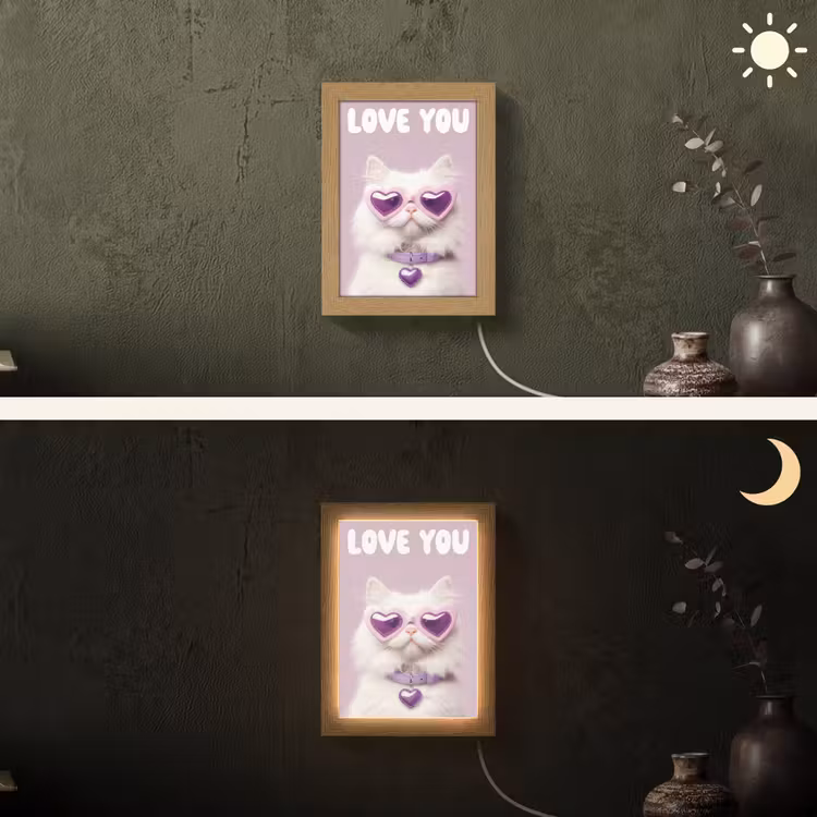 Kat - Love - Paars - Valentijn Light Box met kabel (Wandlamp) klein -sfeer3