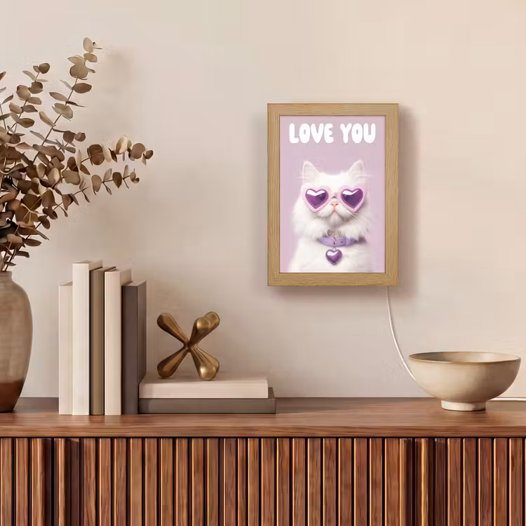 Kat - Love - Paars - Valentijn Light Box met kabel (Wandlamp) klein -sfeer2