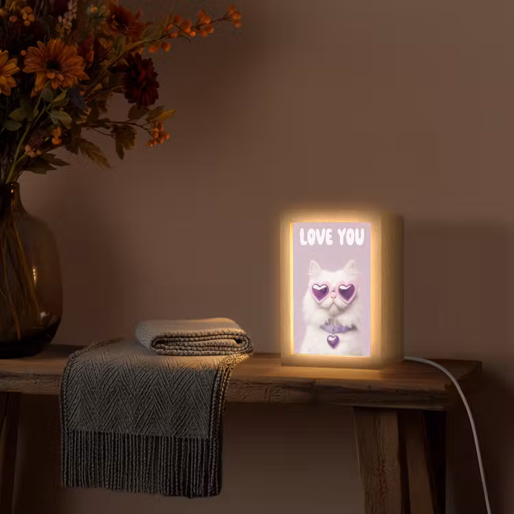 Kat - Love - Paars - Valentijn Light Box met kabel (Wandlamp) klein -sfeer4