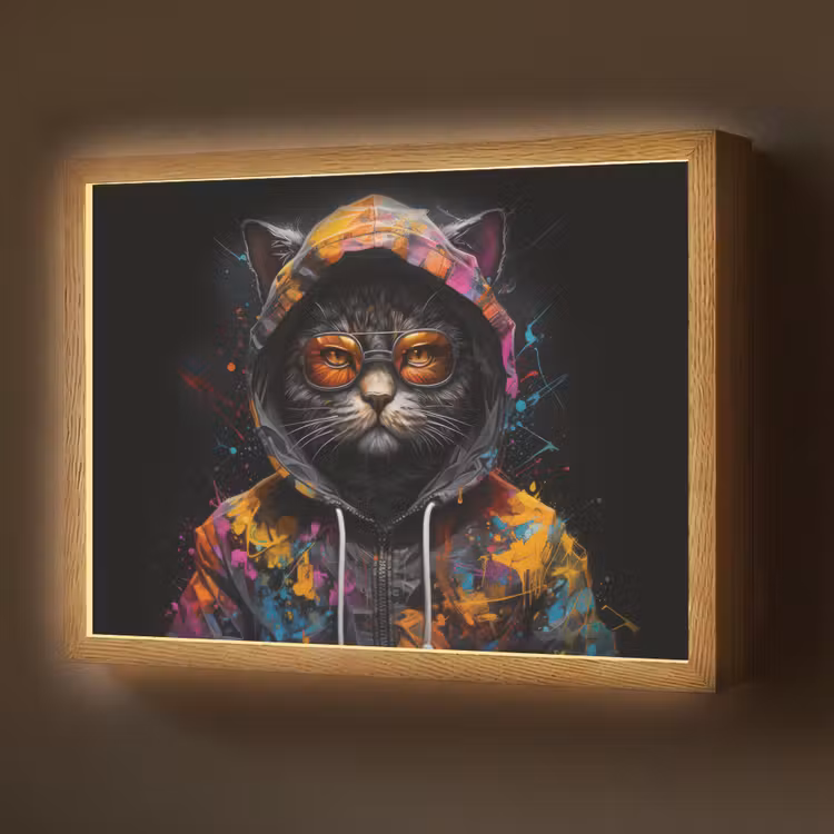 Kat - Jas - Graffiti - Bril - Zwart Light Box met batterij (Wandlamp) middel -z3d_website
