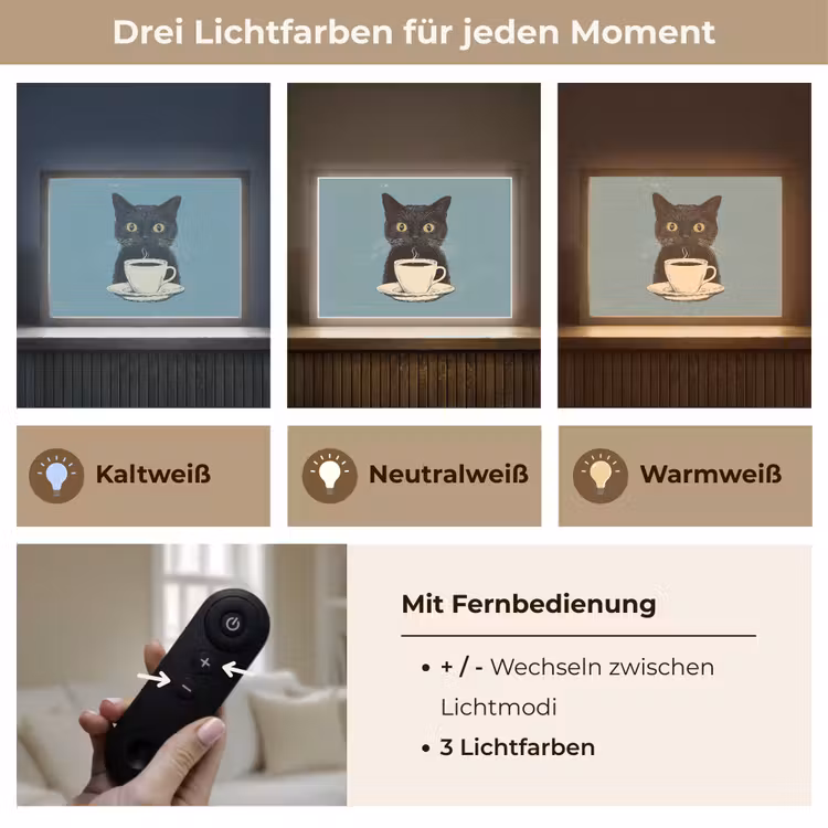 Kat - Zwart - Koffie - Minimalistisch Light Box met batterij (Wandlamp) middel -USP_lichtkleurDE