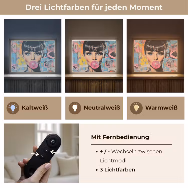 Kauwgom - Vrouw - Penseelstreken - Modern Light Box met batterij (Wandlamp) middel -USP_lichtkleurDE