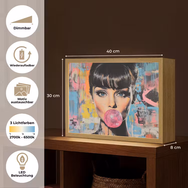 Kauwgom - Vrouw - Penseelstreken - Modern Light Box met batterij (Wandlamp) middel -USP_websiteoverzichtDE
