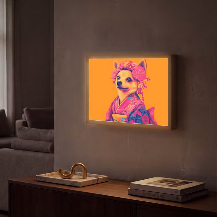 Kimono - Hondje - Bloemenkroon - Oranje Light Box met batterij (Wandlamp) middel -sfeer1