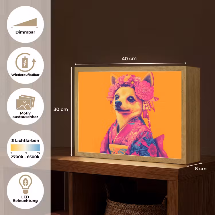 Kimono - Hondje - Bloemenkroon - Oranje Light Box met batterij (Wandlamp) middel -USP_websiteoverzichtDE