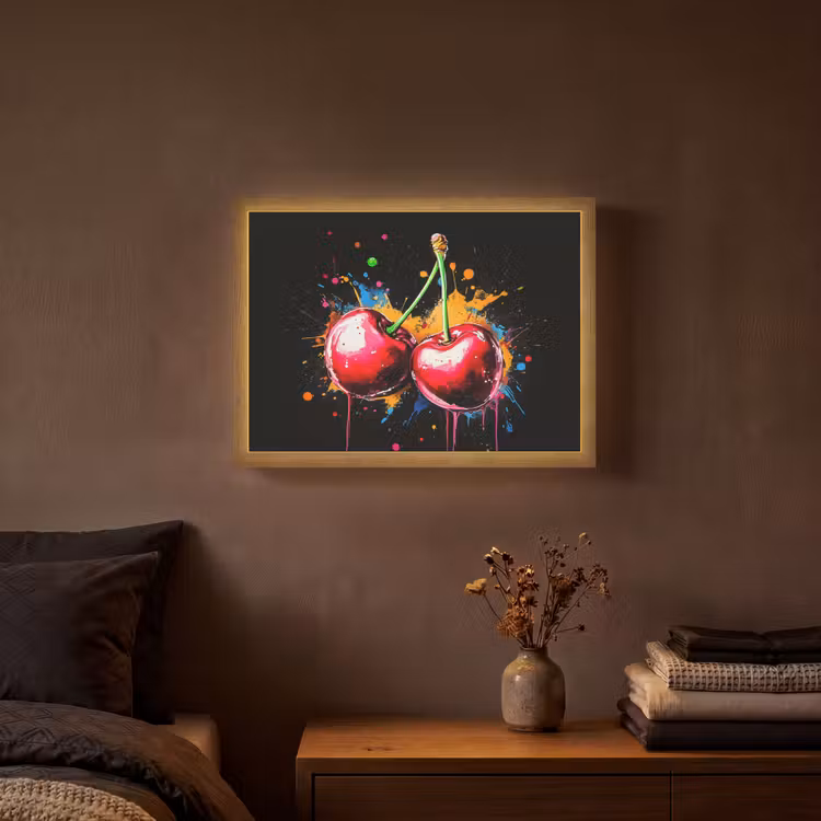 Kersen - Fruit - Graffiti - Verf - Abstract - Modern - Kleurrijk Light Box met batterij (Wandlamp) middel -sfeer4