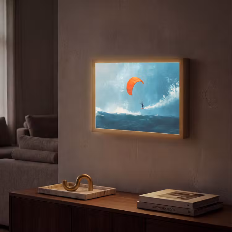 Kitesurfer - Oranje - Zee - Lucht Light Box met batterij (Wandlamp) middel -sfeer1