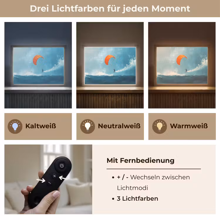 Kitesurfer - Oranje - Zee - Lucht Light Box met batterij (Wandlamp) middel -USP_lichtkleurDE